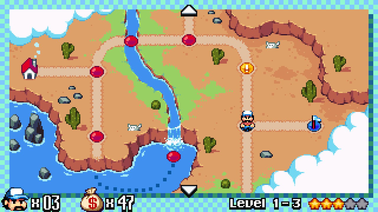 The player navigates levels via an overworld map.